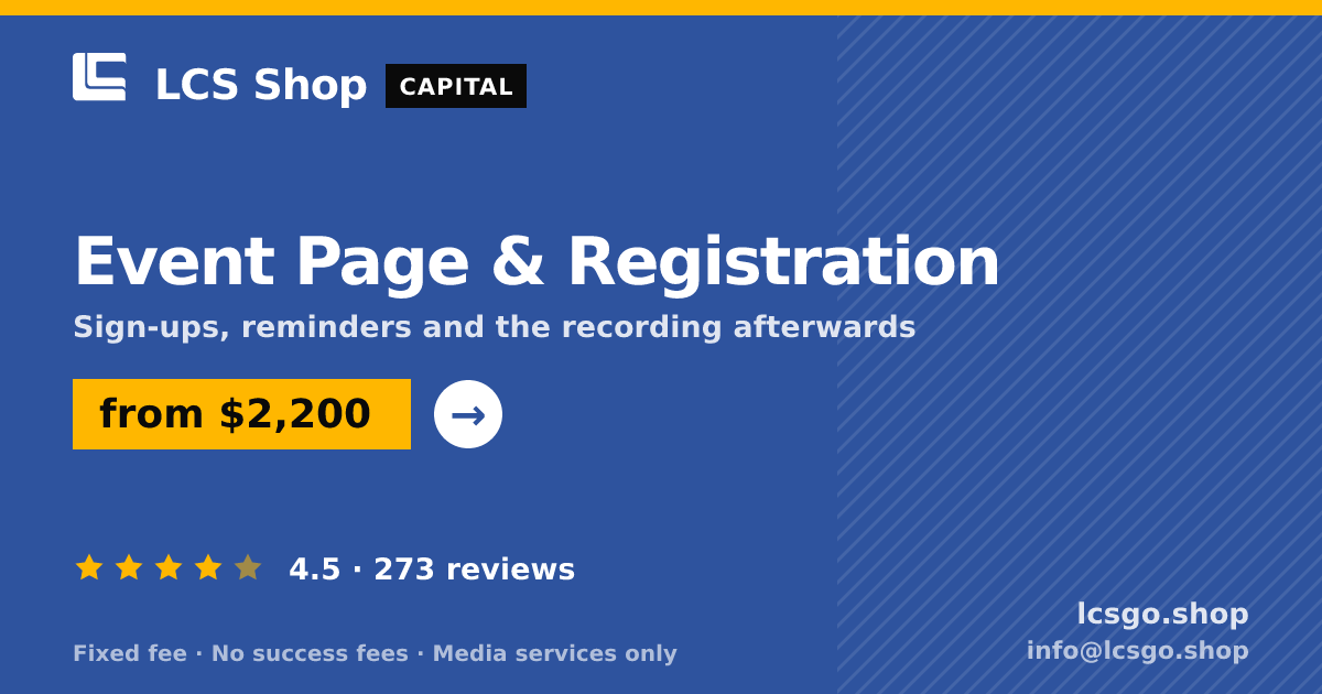 Event Page & Registration — from $2,200, rated 4.5/5 across 273 reviews. LCS Shop.