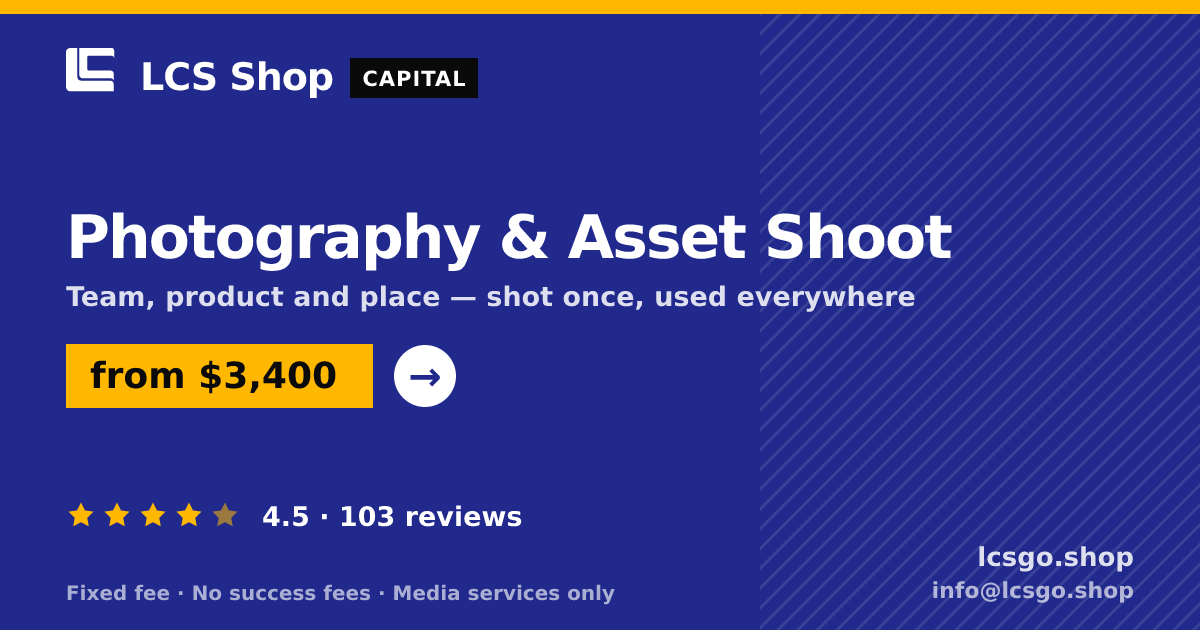 Photography & Asset Shoot — from $3,400, rated 4.5/5 across 103 reviews. LCS Shop.