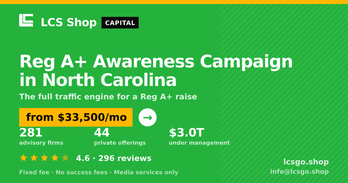 Reg A+ Awareness Campaign in North Carolina — from $33,500/mo, rated 4.6/5 across 296 reviews. LCS Shop.