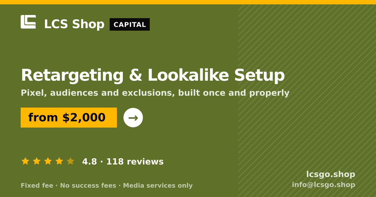 Retargeting & Lookalike Setup — from $2,000, rated 4.8/5 across 118 reviews. LCS Shop.