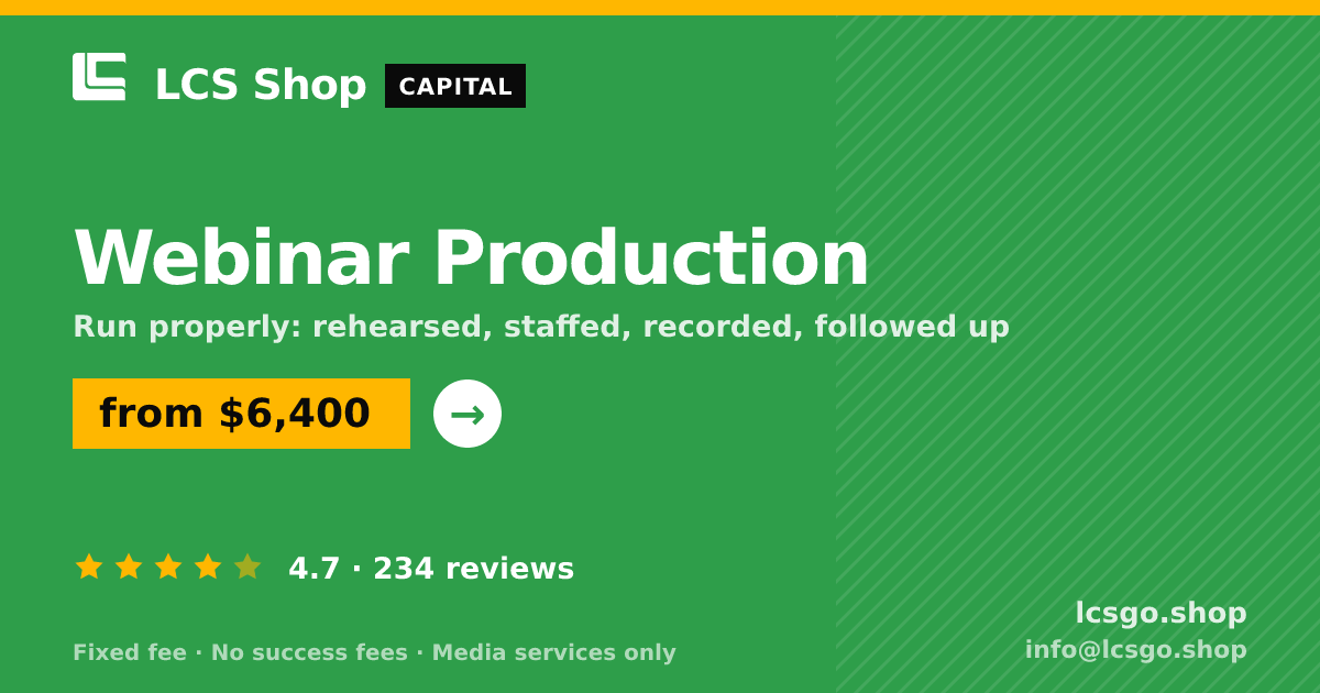 Webinar Production — from $6,400, rated 4.7/5 across 234 reviews. LCS Shop.